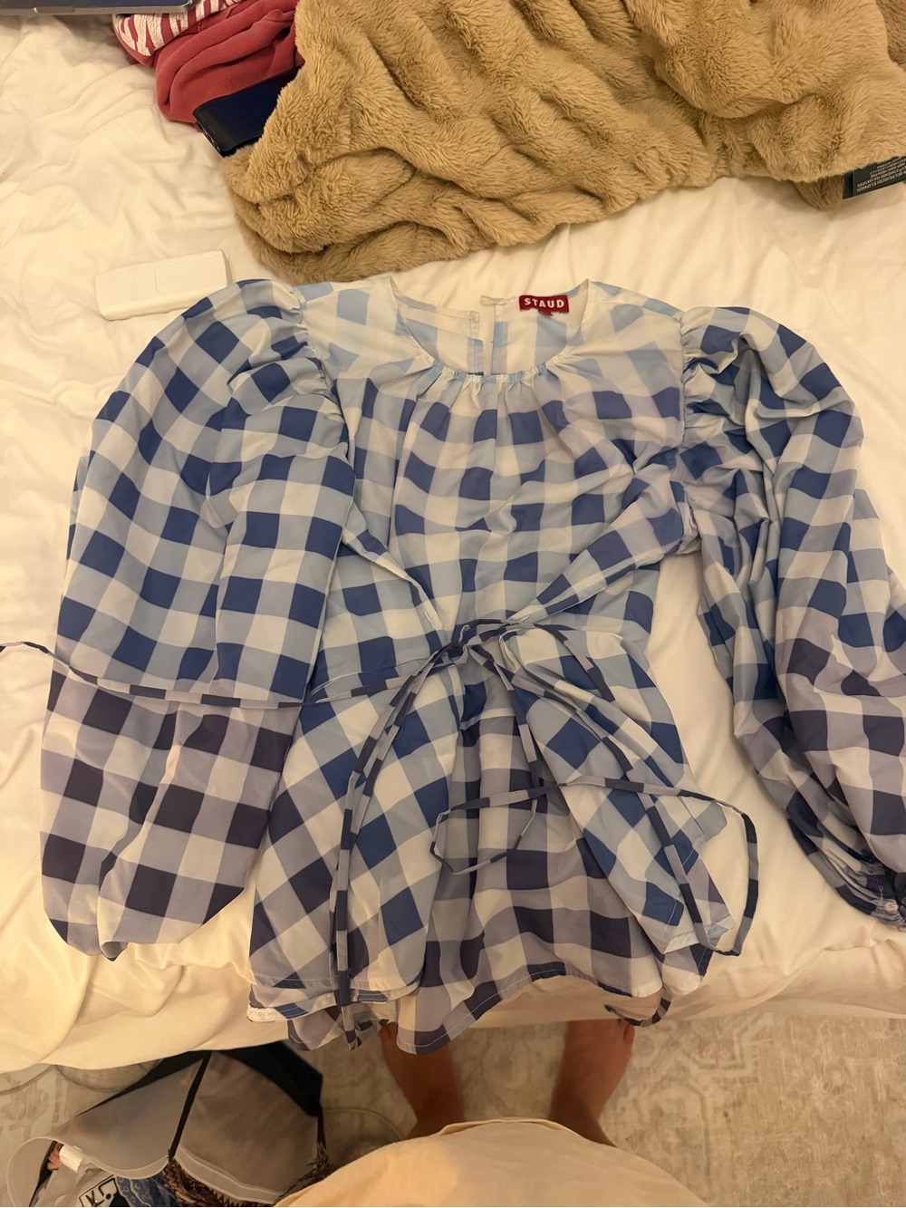 STAUD Blue and White Gingham Tie-Front Puff Sleeve Top